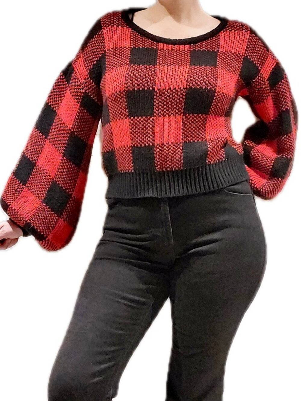 Jen's Pirate Booty Red & Black Checkerboard Puff Sleeve Sweater